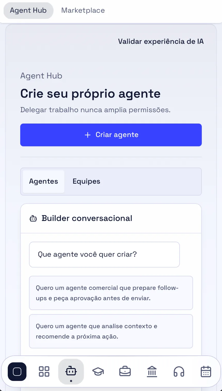 Interface do Agent Hub do HUMANOID OS com criação de agente, abas de agentes e equipes e um construtor conversacional.