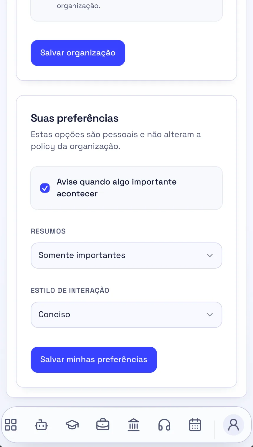 Interface de preferências do HUMANOID OS, separando configurações da organização das preferências pessoais de interação.