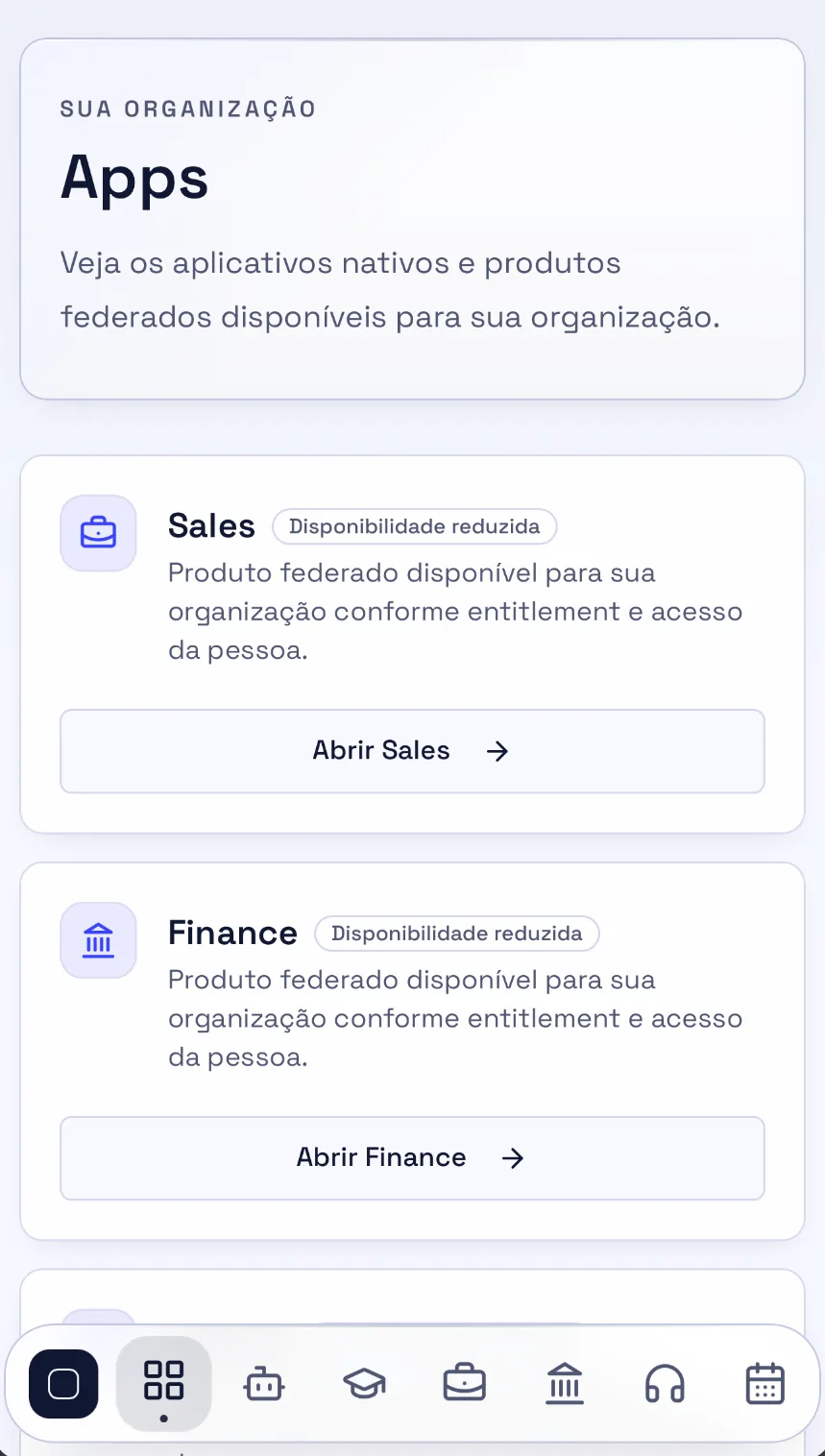 Interface do HUMANOID OS mostrando os apps disponíveis para uma organização.